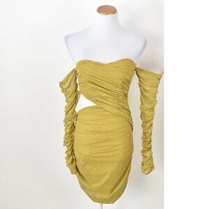 Miss Circle Ruched Chartreuse Cold Shoulder Bodycon Cut Out Dress - M